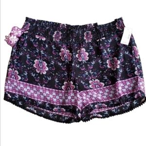 Maurices Womens Medium Floral Elastic Print Pompom Cloth Shorts Black Pink
